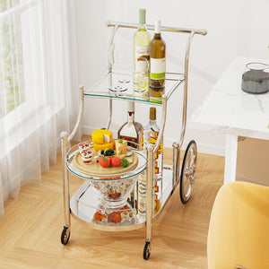 3-Tier Rolling Bar Serving Cart with Glass Shelves