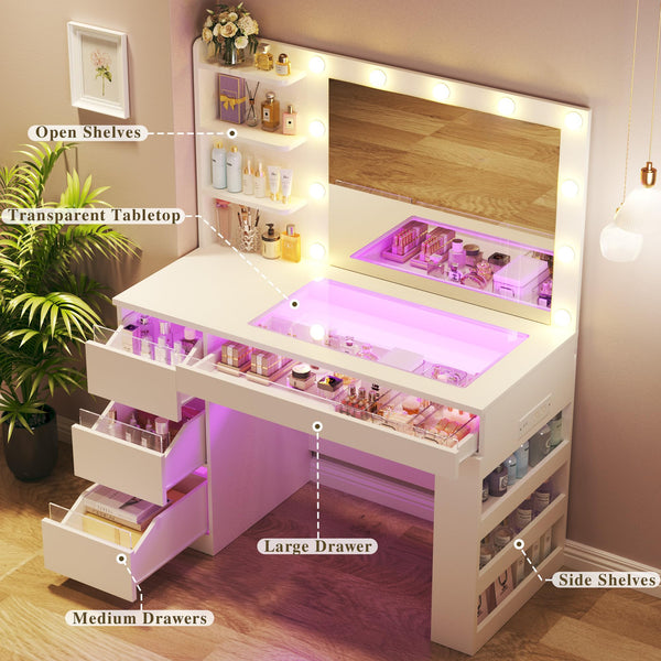 LED Vanity Desk with Lighted Mirror, Acrylic Drawers & Built-In Power Outlet