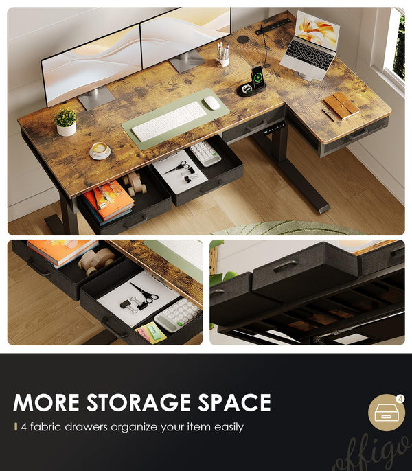 L-Shaped Electric Standing Desk with Drawers & Power Outlets