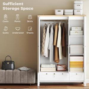 3-Door Armoire Wardrobe Closet with 2 Drawers and Hanging Rod