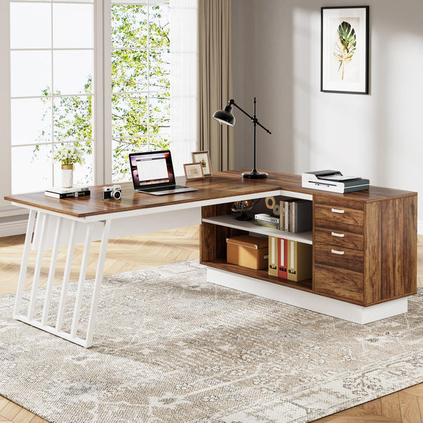 L-Shaped Executive Desk with File Cabinet & Storage