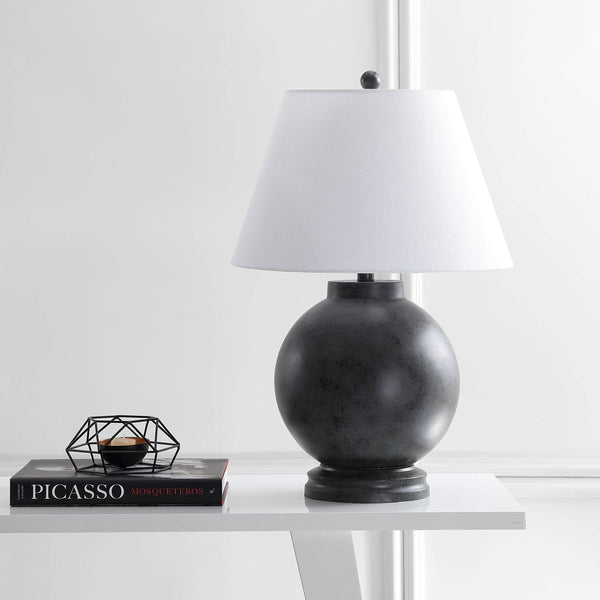 26" Dark Gray Resin Sphere LED Table Lamp with White Linen Drum Shade