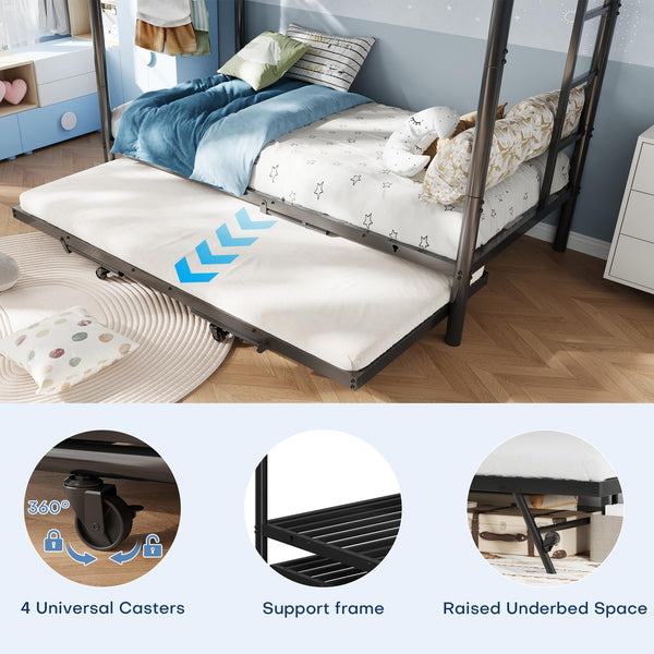 Triple Bunk Bed with Trundle – Twin Over Twin Metal Frame for Kids & Teens