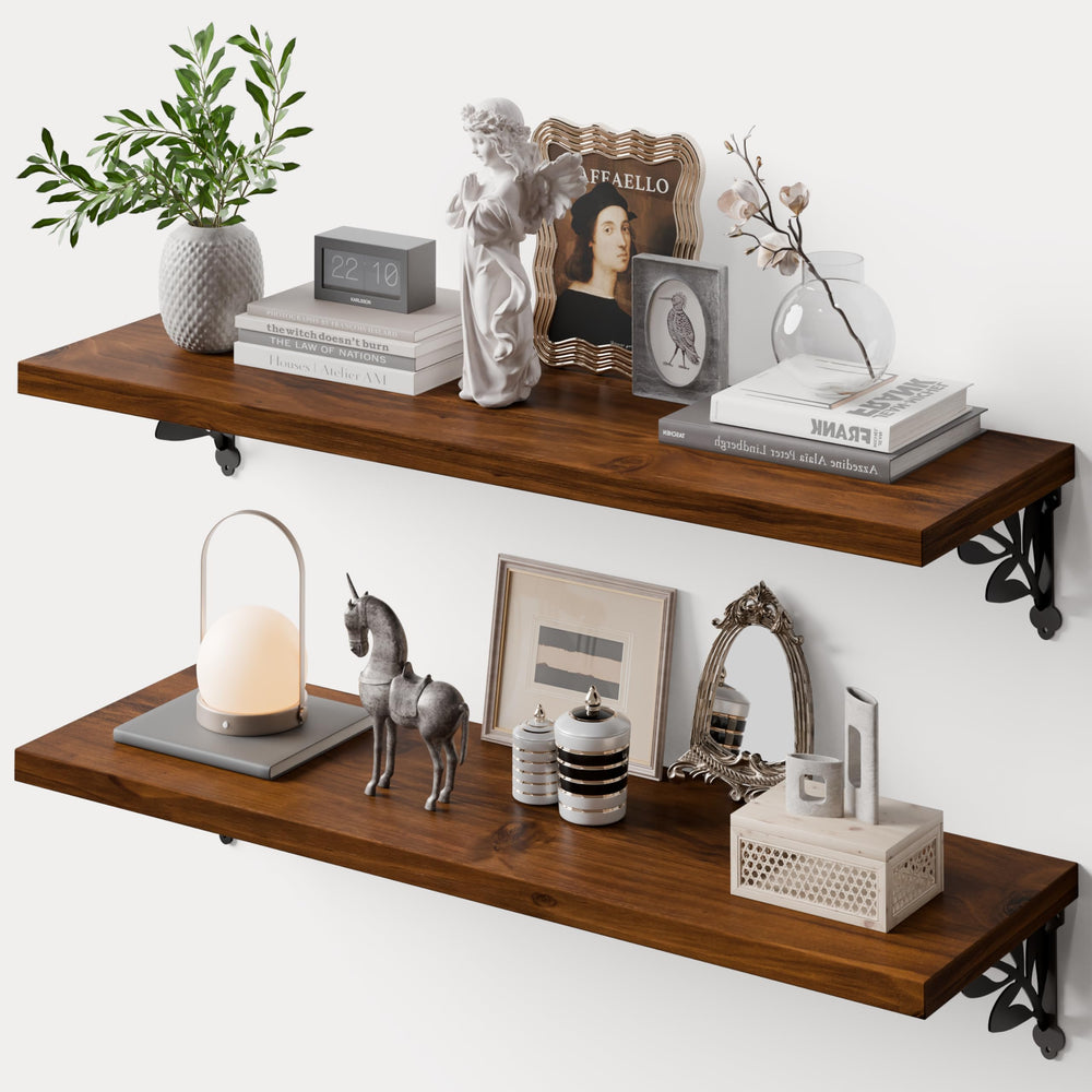 Solid Wood Floating Wall Shelves with Metal Brackets – Set of 2