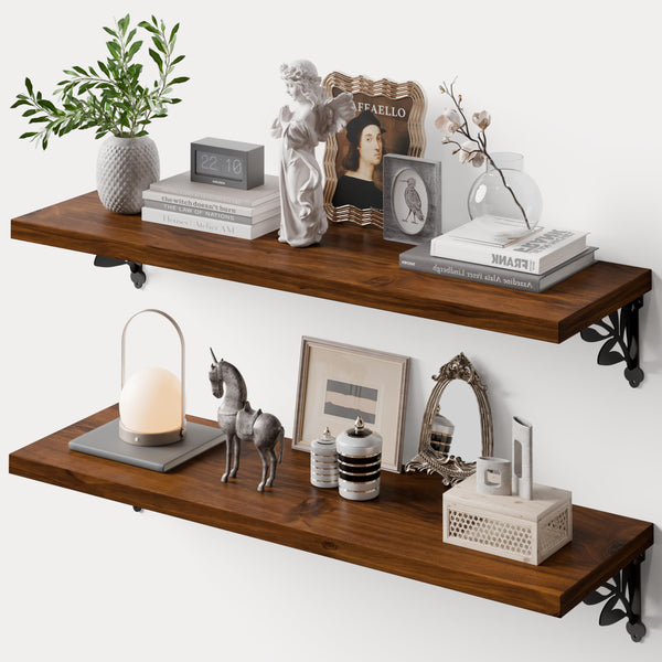 Solid Wood Floating Wall Shelves with Metal Brackets – Set of 2