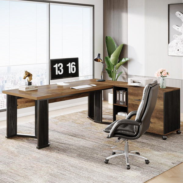 L-Shaped Executive Desk with Mobile File Cabinet and Storage Drawers