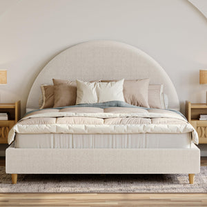 Boucle Platform Bed Frame with Arch Headboard & Wood Legs