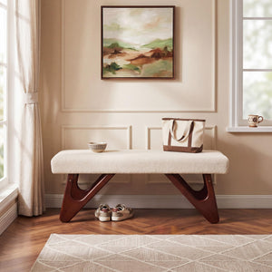 Upholstered Entryway Bench with Cat-Ear Solid Wood Legs