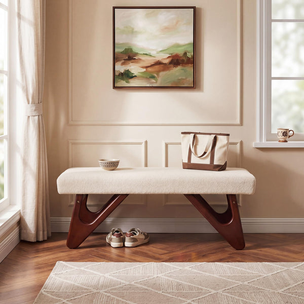 Upholstered Entryway Bench with Cat-Ear Solid Wood Legs