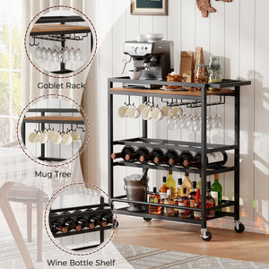 3-Tier Rolling Bar Cart with Wine Rack
