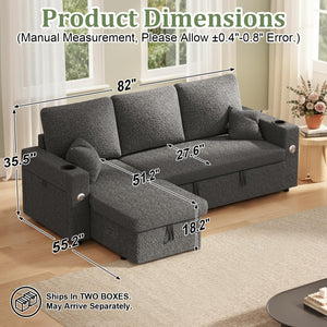 L-Shaped Sectional Sleeper Sofa with Storage Chaise, Charging Ports & Cup Holders