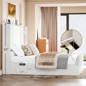 Queen Velvet Platform Bed with Wingback Headboard & Reading Lights