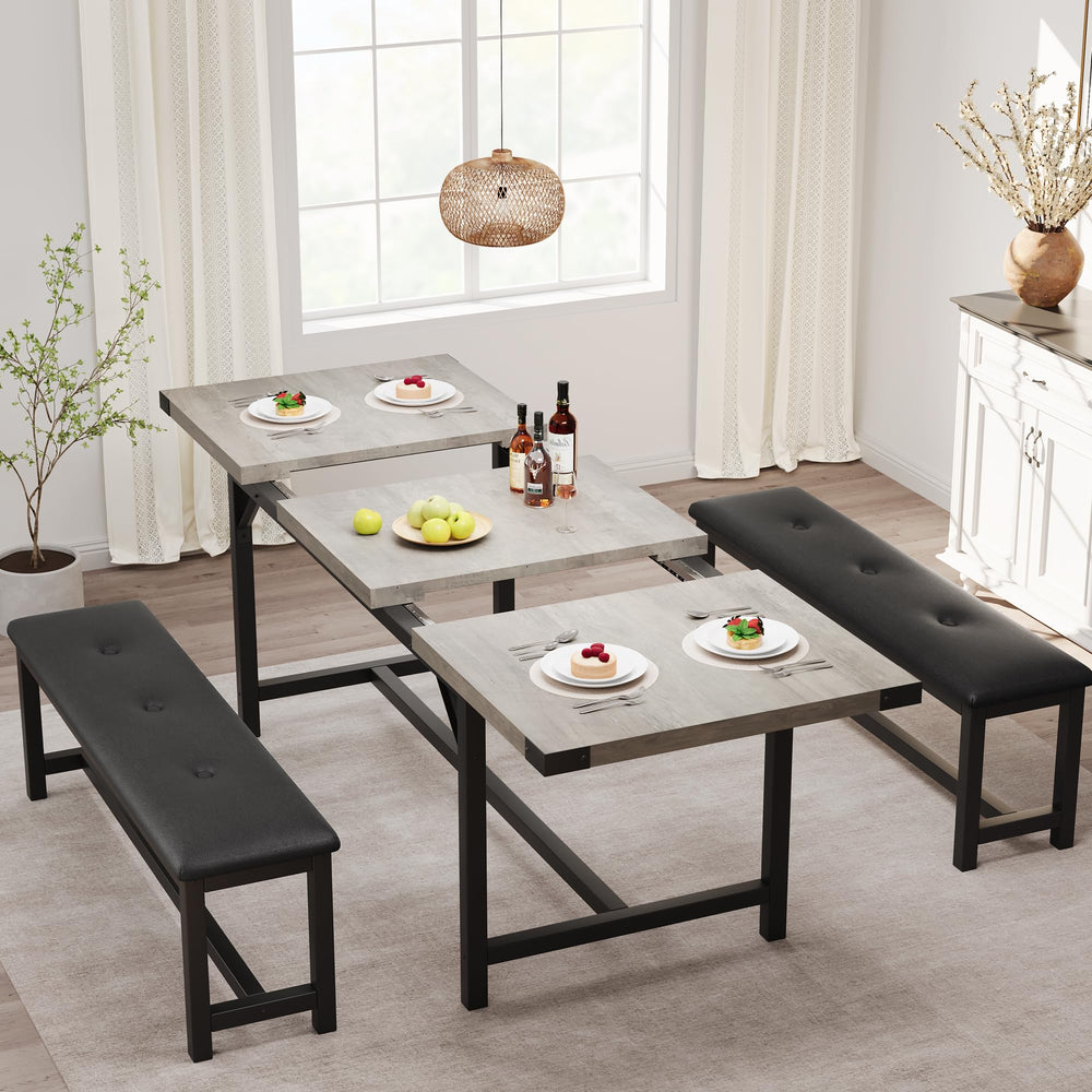 Extendable Dining Table Set with 2 Upholstered Benches