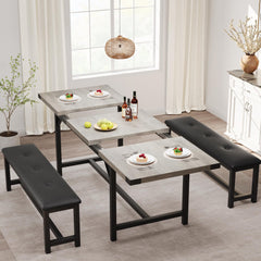 Extendable Dining Table Set with 2 Upholstered Benches