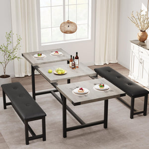 Extendable Dining Table Set with 2 Upholstered Benches