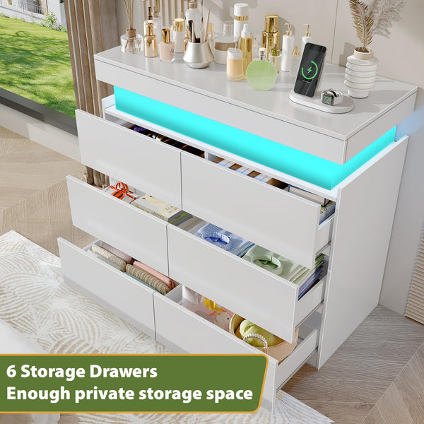 6-Drawer Dresser with Flip-Top Storage, LED Lights & Charging Station