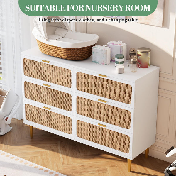 Rattan 6-Drawer Dresser – Boho Farmhouse Chest of Drawers