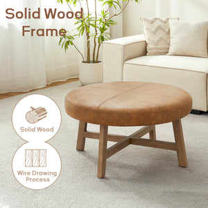Round Upholstered Ottoman Coffee Table – Mid Century Modern, Leather Top