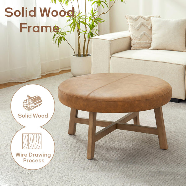 Round Upholstered Ottoman Coffee Table – Mid Century Modern, Leather Top