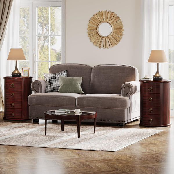 Round Solid Wood Side Table with 4 Drawers – Set of 2