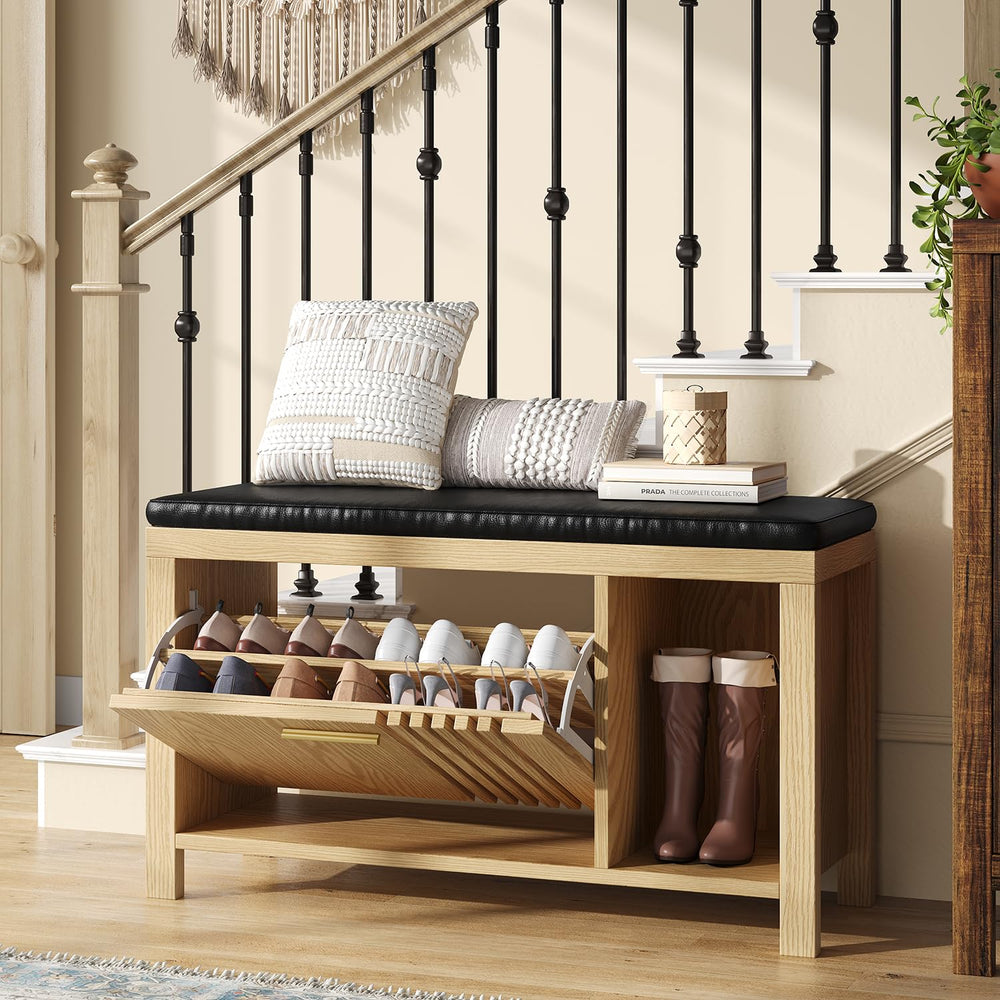 40" Shoe Storage Bench with Padded Seat & Flip Drawers