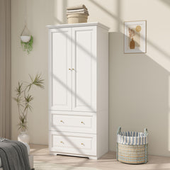 White Wardrobe Closet with 2 Drawers & Hanging Rod