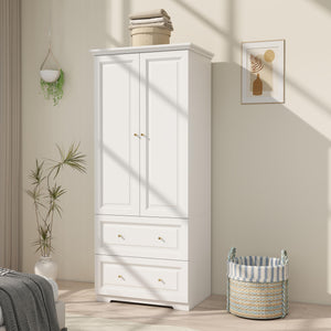 White Wardrobe Closet with 2 Drawers & Hanging Rod