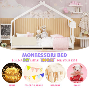 Kids House Bed Frame Twin Size with Storage Rack and Caddy