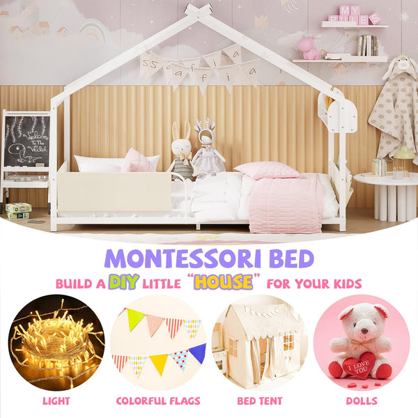 Kids House Bed Frame Twin Size with Storage Rack and Caddy