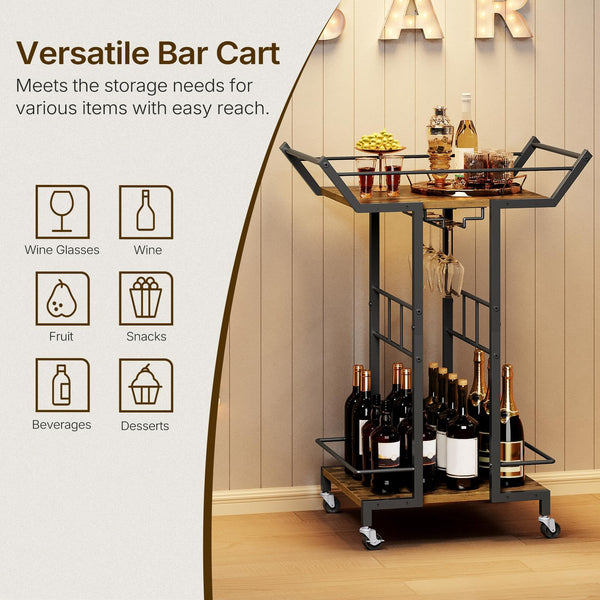 3-Tier Bar Cart with Wine Glass Rack & Wheels