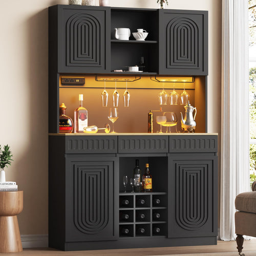 71-Inch Tall Wine Bar Cabinet with LED Lights & Charging Station