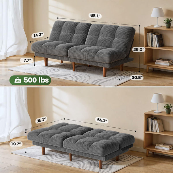 Convertible Futon Sofa Bed with Adjustable Backrest – Grey Corduroy