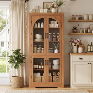 70" Tall Kitchen Pantry Cabinet with 4 Arched Glass Doors & Adjustable Shelves