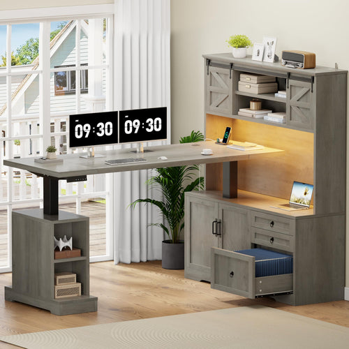 L-Shaped Electric Standing Desk with Hutch