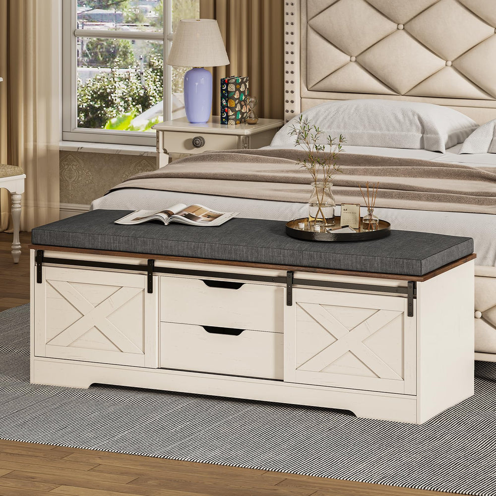Farmhouse Storage Bench with Cushion & Sliding Barn Doors