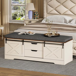 Farmhouse Storage Bench with Cushion & Sliding Barn Doors