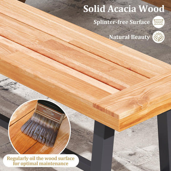 63-Inch Acacia Wood Outdoor Bench – 3-Person Patio Seat with Metal Frame