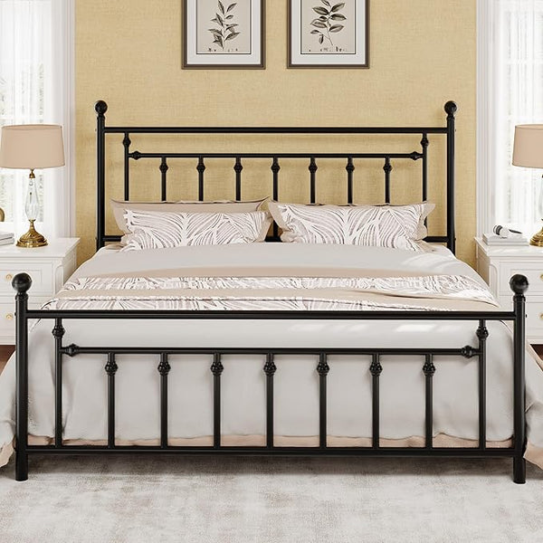 Metal Platform Bed Frame with Victorian Headboard & Footboard
