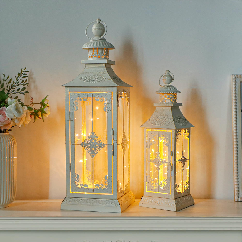 Vintage Metal Candle Lanterns Set of 2 – Indoor Outdoor Hanging Lanterns with Tempered Glass