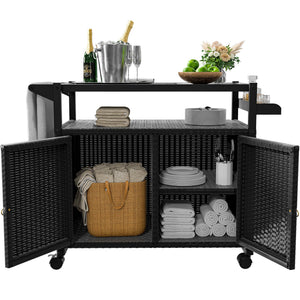 Outdoor Wicker Bar Cart with Cabinet & Tempered Glass Top