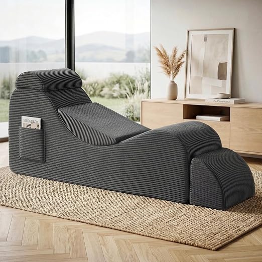 Ergonomic Yoga Chaise Lounge Chair with Headrest, Lumbar Pillow & Ottoman