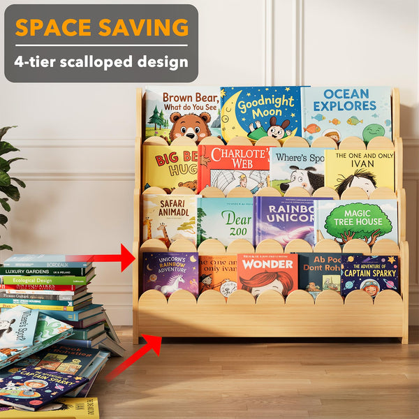 4-Tier Scalloped Kids Bookshelf – Front-Facing Wooden Bookcase
