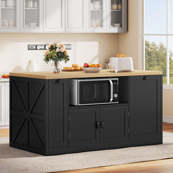 63-Inch Kitchen Island with LED Lights, Power Outlet & Trash Can Storage