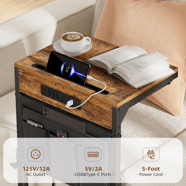 C-Shaped End Table with Charging Station & Storage