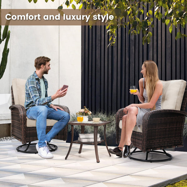 Outdoor Swivel Wicker Glider Patio Chair & Table Set with Cushions
