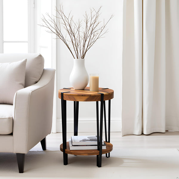 2-Tier Round Acacia Wood & Metal End Table with Bottom Shelf