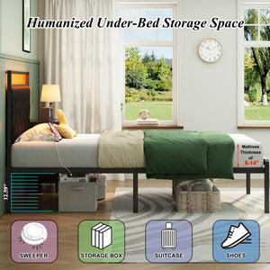 Twin Bed Frame with LED Lights, Charging Station & Upholstered Headboard