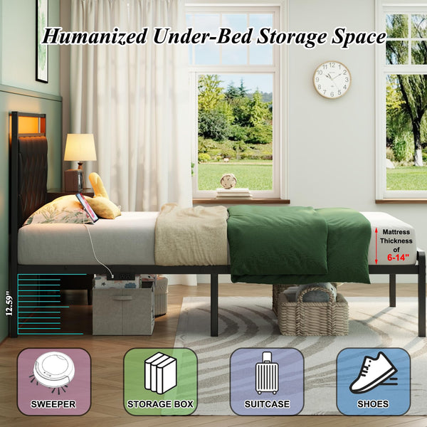 Twin Bed Frame with LED Lights, Charging Station & Upholstered Headboard