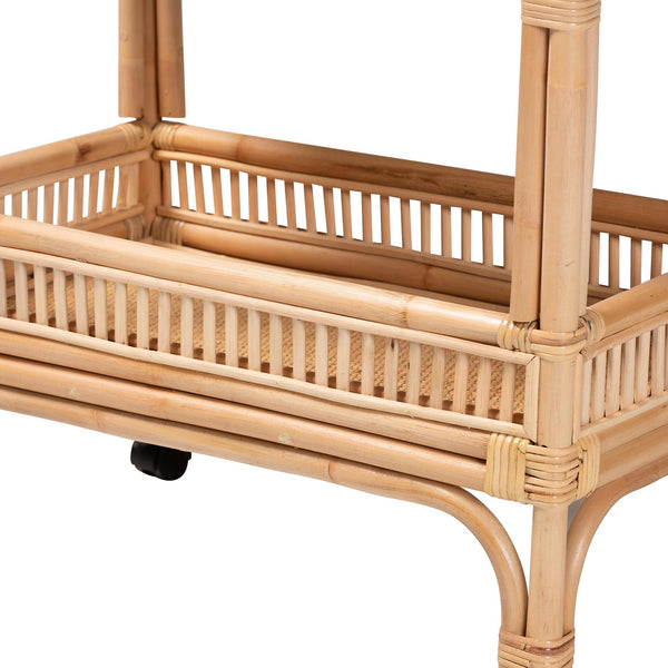 2-Tier Natural Rattan Wine Cart with Caster Wheels