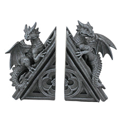 Gothic Dragon Bookend Statues – Set of 2, Gray Stone Resin, 8 Inch